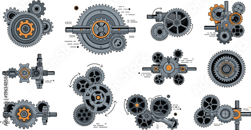 Mechanical gear system collection with industrial cogwheels engineering technology rotation mechanism machine parts vector illustration set