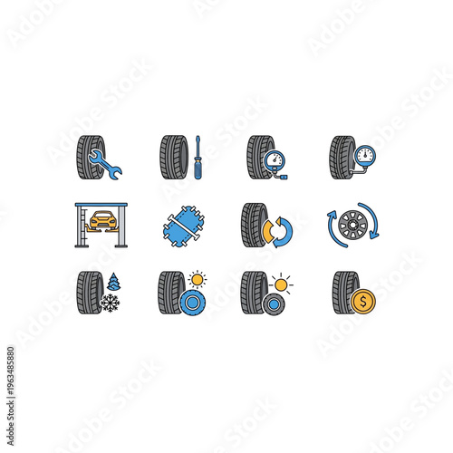 Car tire service and maintenance icon set for garage and auto repair