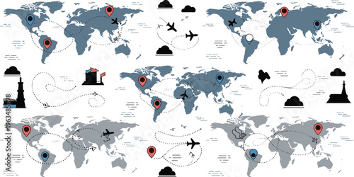 World map travel routes collection with airplanes location pins global navigation tourism destinations and international journey concepts