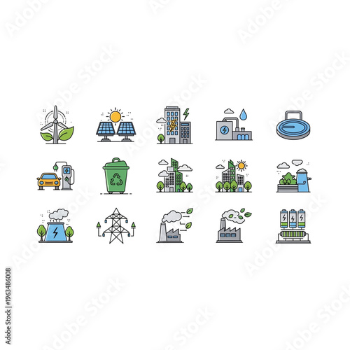 Sustainable energy and green technology vector icon set