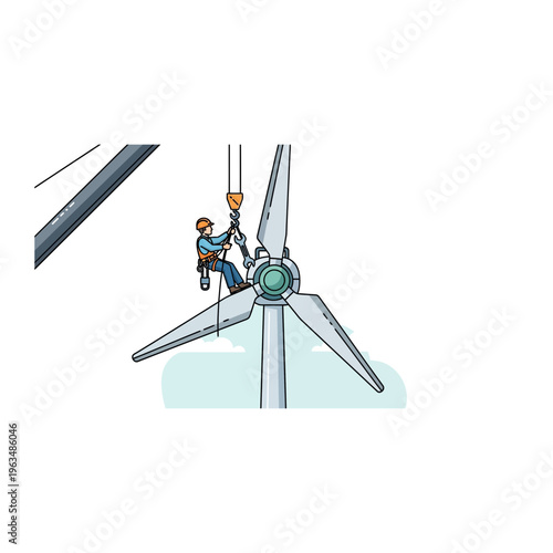 Wind turbine technician performing aerial inspection and blade maintenance