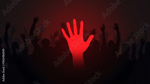 AI Generated Red Hand Stop Symbol Against Crowd Silhouettes – Protest, Awareness and Social Movement Concept