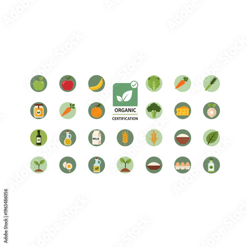Organic food icon set featuring fresh produce and grocery items