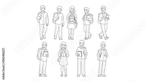 School Day Sketch: A collection of sketched students ready for learning, showcasing the daily life of students and their journey towards education.