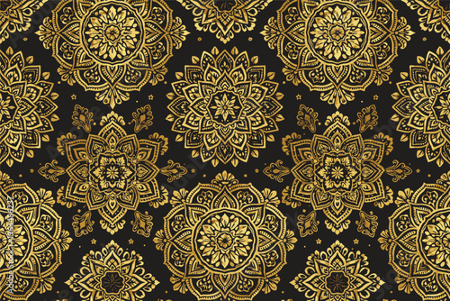 Gold Mandala Geometric Seamless Pattern on Black