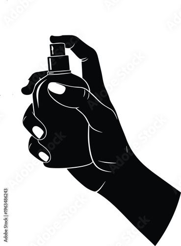 Woman Hand Holding Cosmetic Spray Bottle Silhouette Vector Illustration for Perfume Beauty Products Fragrance Packaging and Hygiene Skin Care Branding