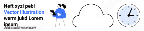 Time management, cloud technology, digital solutions, remote work, information access, efficiency. Person holding a tablet, a cloud symbol and a clock. Cloud technology and time management concepts