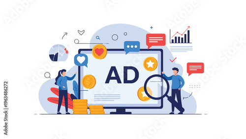 Digital marketing dashboard showing 'AD' on a screen with people analyzing coins, heart icons, and a target for social media campaigns.