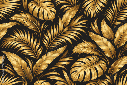 Gold Tropical Leaves Seamless Pattern on Emerald