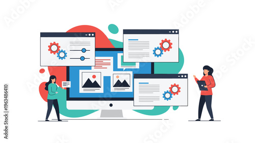 Two women managing multiple windows with gears and images on a large monitor, symbolizing web design, development, and site management.