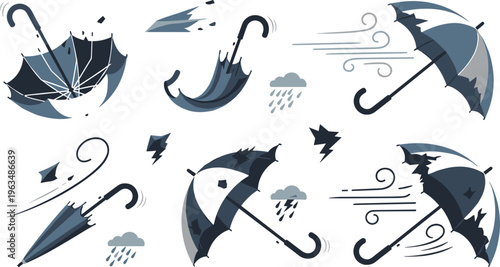 Storm damaged umbrellas set with broken windblown rain protection elements strong weather conditions vector illustration collection