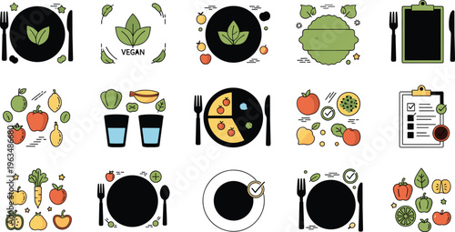 Vegan food diet icons set with plant based meals fruits vegetables healthy nutrition menu and organic lifestyle concepts
