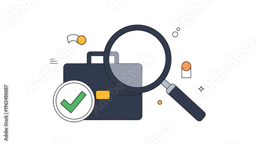 Business professional briefcase under magnifying glass inspection with green checkmark icon signifying successful review or job.