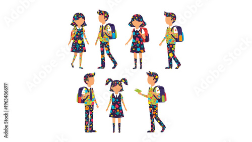 First Day Excitement: A collection of young students with colorful attire and schoolbags, preparing for their educational journey, showcasing anticipation and the joy of learning.