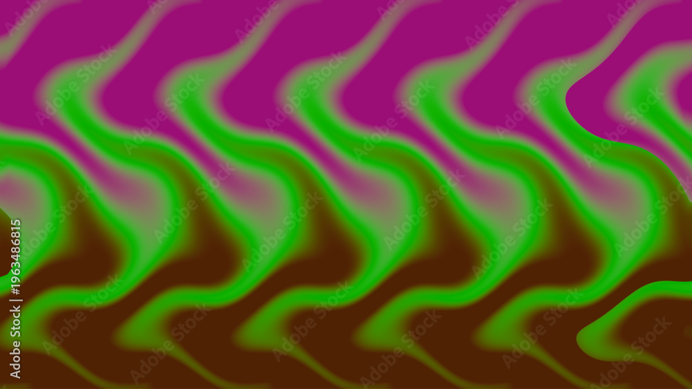 Fototapeta premium Abstract optical illusion background with green brown magenta wavy diagonal lines, fluid motion, and vibrant geometric decorative layout