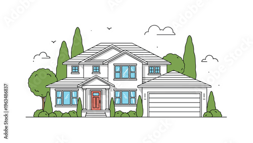 Modern two-story suburban residential house design with white siding, grey roof, and attached two-car garage for family living.