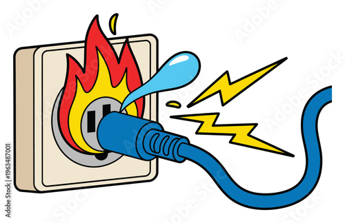Cartoon of an electrical outlet on fire with a plug inserted and sparks flying