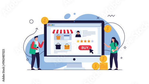 E-commerce shopping experience showing customers around a large computer screen with online store interface and buy button.