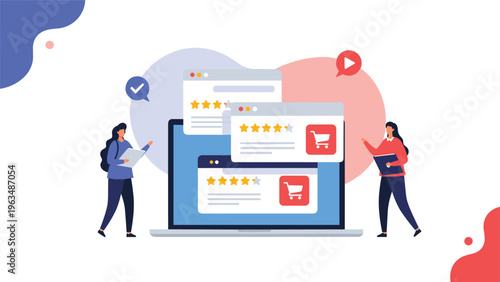 Online business reputation management featuring laptop with customer reviews and sales notifications managed by professional team.