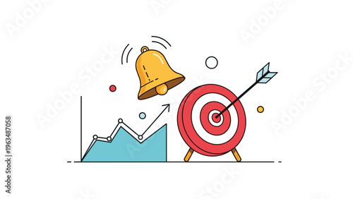 Performance alerts and goal tracking illustration with ringing notification bell, bullseye target, and upward growth chart.