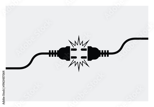 Black electrical plugs connecting with sparks on a light gray background