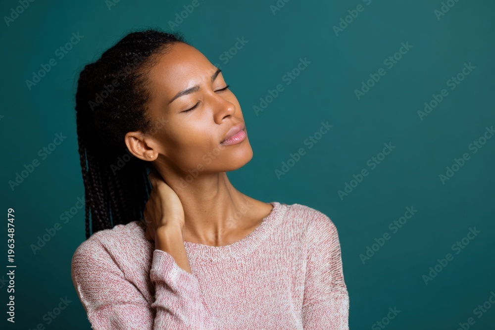 Obraz premium African female young adult neck discomfort hand on neck eyes closed teal background wearing knit sweater showing tension