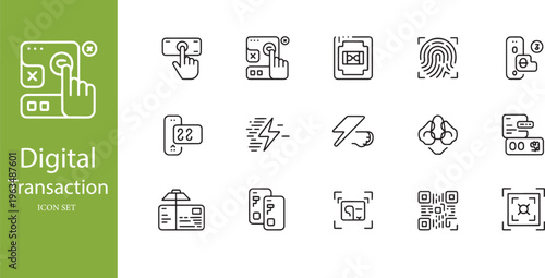 Digital Transaction and Secure Mobile Payment Linear Icon Set for Fintech and Online Banking