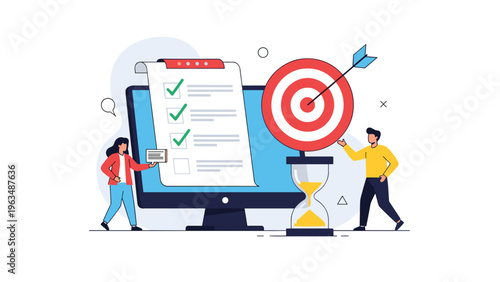 Project management and time tracking illustration featuring team members with checklist, target, and hourglass.