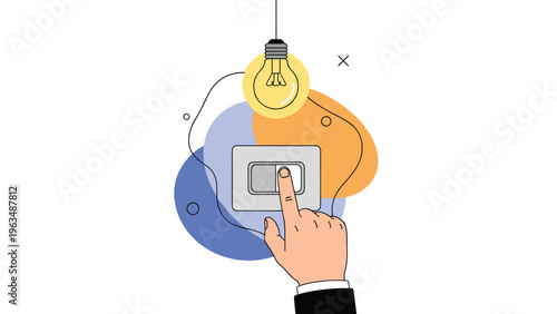 Hand flicking a light switch with a bright bulb glowing against a colorful background to symbolize a creative and smart idea.