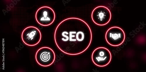 SEO search engine optimization concept with glowing red circles and business icons on a dark digital world map background