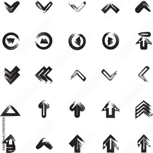 Collection of hand drawn brush stroke arrows and circular icons, black on transparent background
