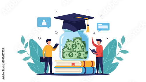 Students saving money for education in a glass jar with a graduation cap on top to represent strategic college fund planning.