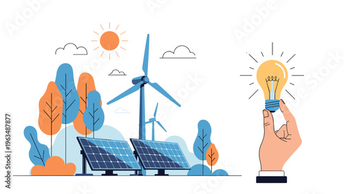 Renewable energy concept featuring wind turbines and solar panels with a hand holding a glowing light bulb for sustainability.