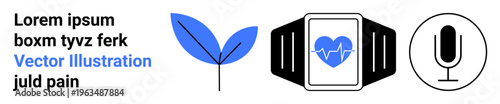 Healthcare, eco-friendly tech, wearable devices, communication, wellbeing, modern innovation. Smartwatch heartbeat monitor, leaf symbol microphone icon. Healthcare and eco-friendly tech concept