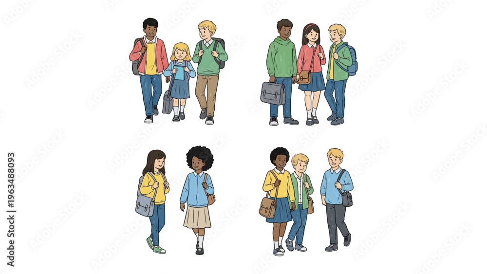 Fototapeta premium Illustration of Student Community: A set of illustrations depicts students of diverse backgrounds socializing and walking together. Exploring connection, friendship, and education.