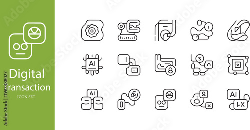 Digital Transaction and AI Fintech Icon Set: Online Payment Security, Blockchain Banking, Smart Contract Verification, and Artificial Intelligence Finance Icons