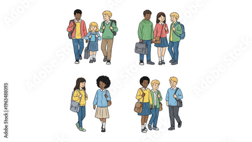 Illustration of Student Community: A set of illustrations depicts students of diverse backgrounds socializing and walking together. Exploring connection, friendship, and education.