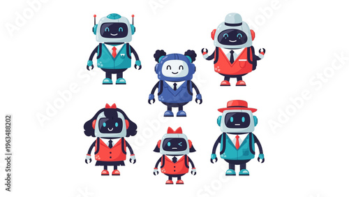 Robotic Ensemble: A diverse collection of charming, stylized robots, each with a unique personality, clad in smart attire. An optimistic display of the future and technological sophistication.