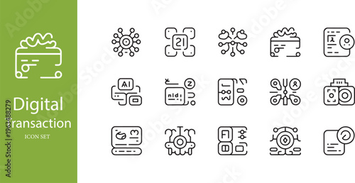Digital Transaction and Fintech Network Line Icon Set for Online Payment Systems