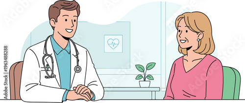 Medical consultation illustration showing doctor with stethoscope and patient at desk, healthcare communication scene symbolizing medicine, hospital, clinic, care, and wellness themes