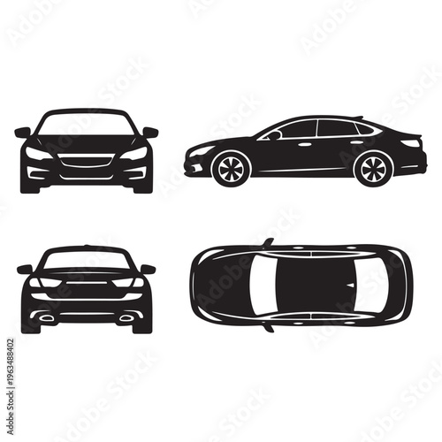 Car Silhouette Blueprint – Front, Rear, Side & Top View Vector
