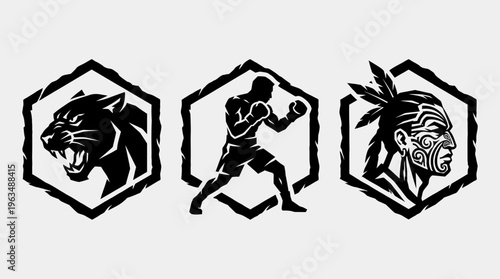 Black silhouettes of tiger boxer and tribal man.