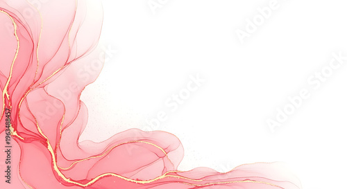 Abstract flowing watercolor background in shades of pink with subtle gold glitter lines, fluid art texture for design