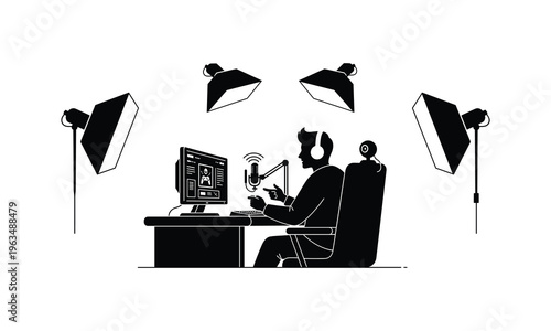 Person engaged in professional video content creation setup with multiple lighting equipment