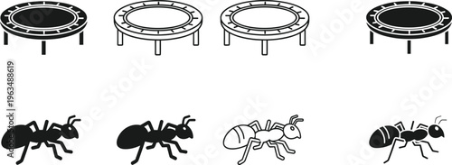 Icon Collection Featuring Trampoline Variations and Ant Insect Illustrations in Minimal Outline and Silhouette Vector Design Set