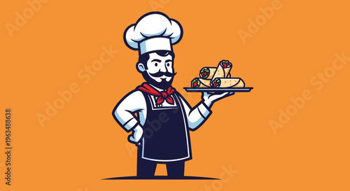 Cartoon chef holding food tray.