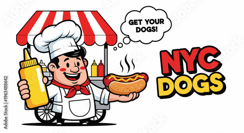 Cartoon chef holding hot dog.