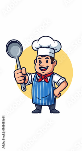 Cartoon chef holding ladle proudly standing.