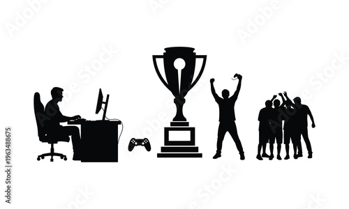 Gamer celebrating victory with friends and a trophy in the background