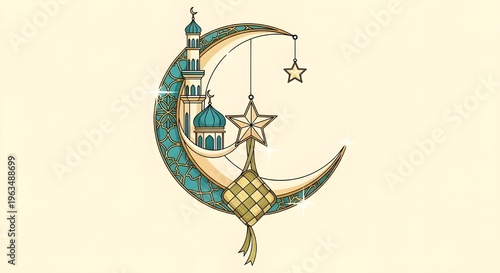 Stylized crescent moon containing a mosque and minaret, adorned with gold patterns, a hanging star, and a ketupat rice cake. Clean white background. Perfect for Eid, Ramadan, and Islamic designs.